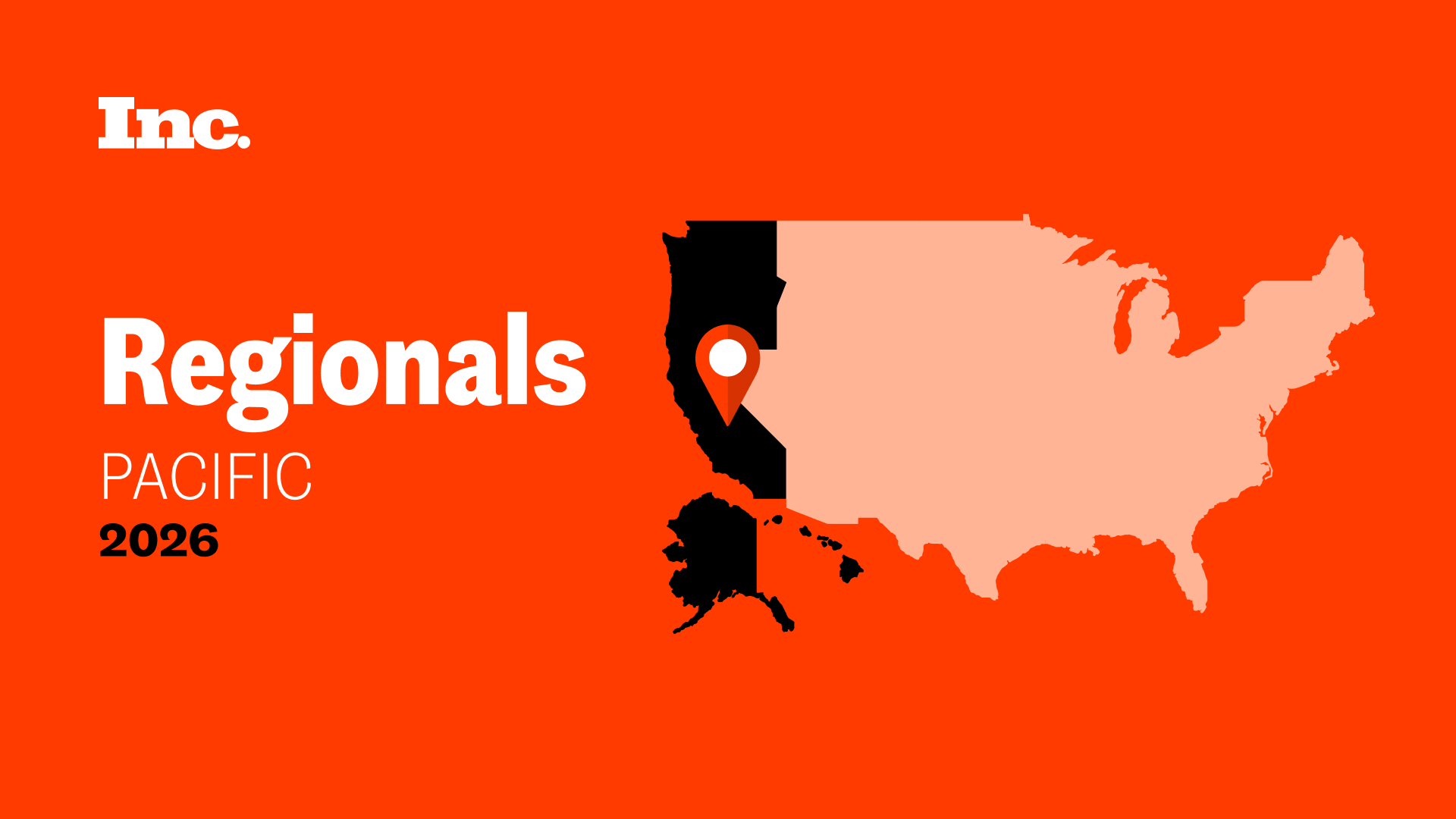 Map of the United states with the pacific region highlighted. Text on image: Inc. Regionals Pacific 2026